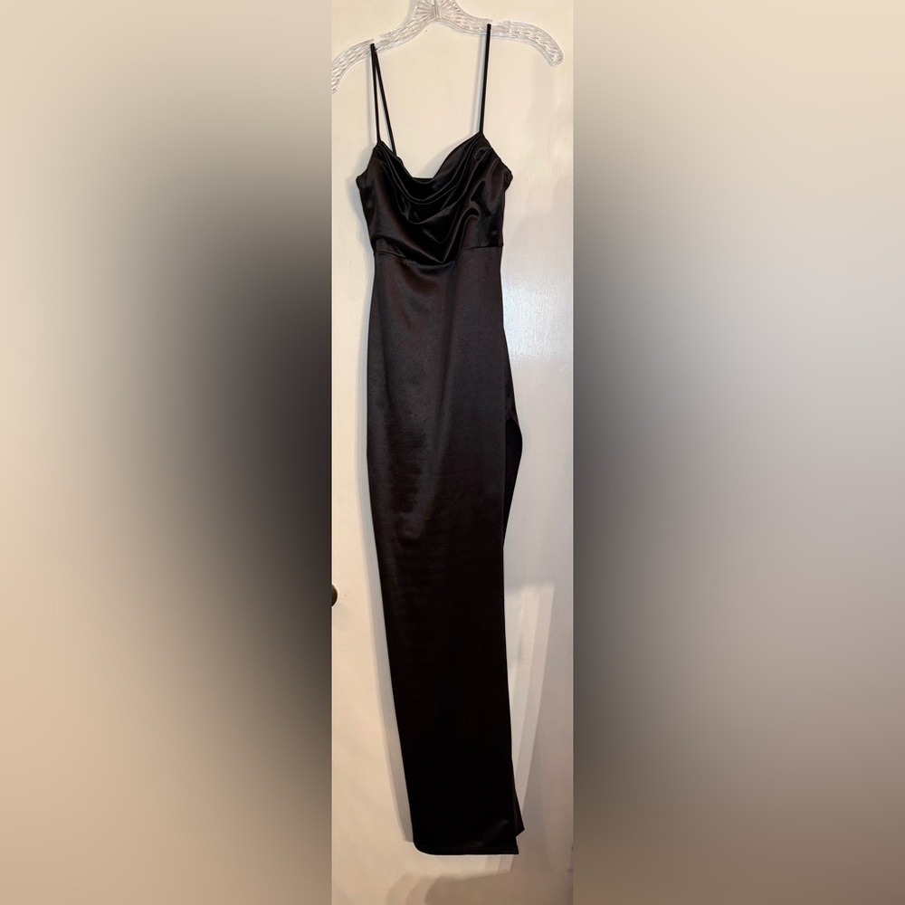 Windsor Black Cowl Neckline Thigh High Slit Formal Satin Dress - Size S - Picture 2 of 9